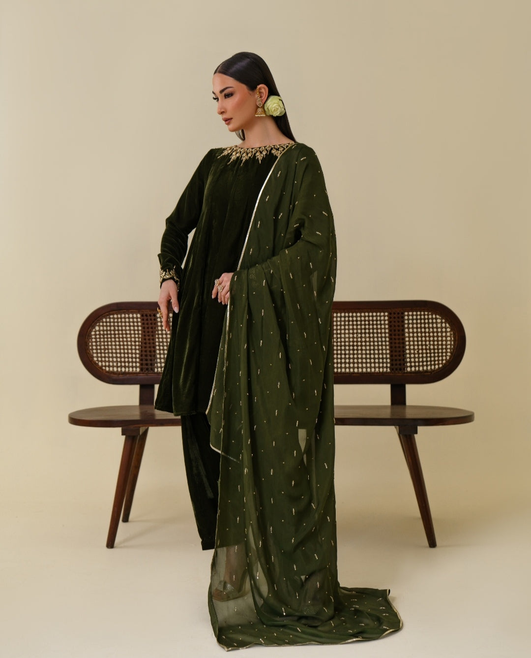 3-Piece Olive Green Velvet Embroidered