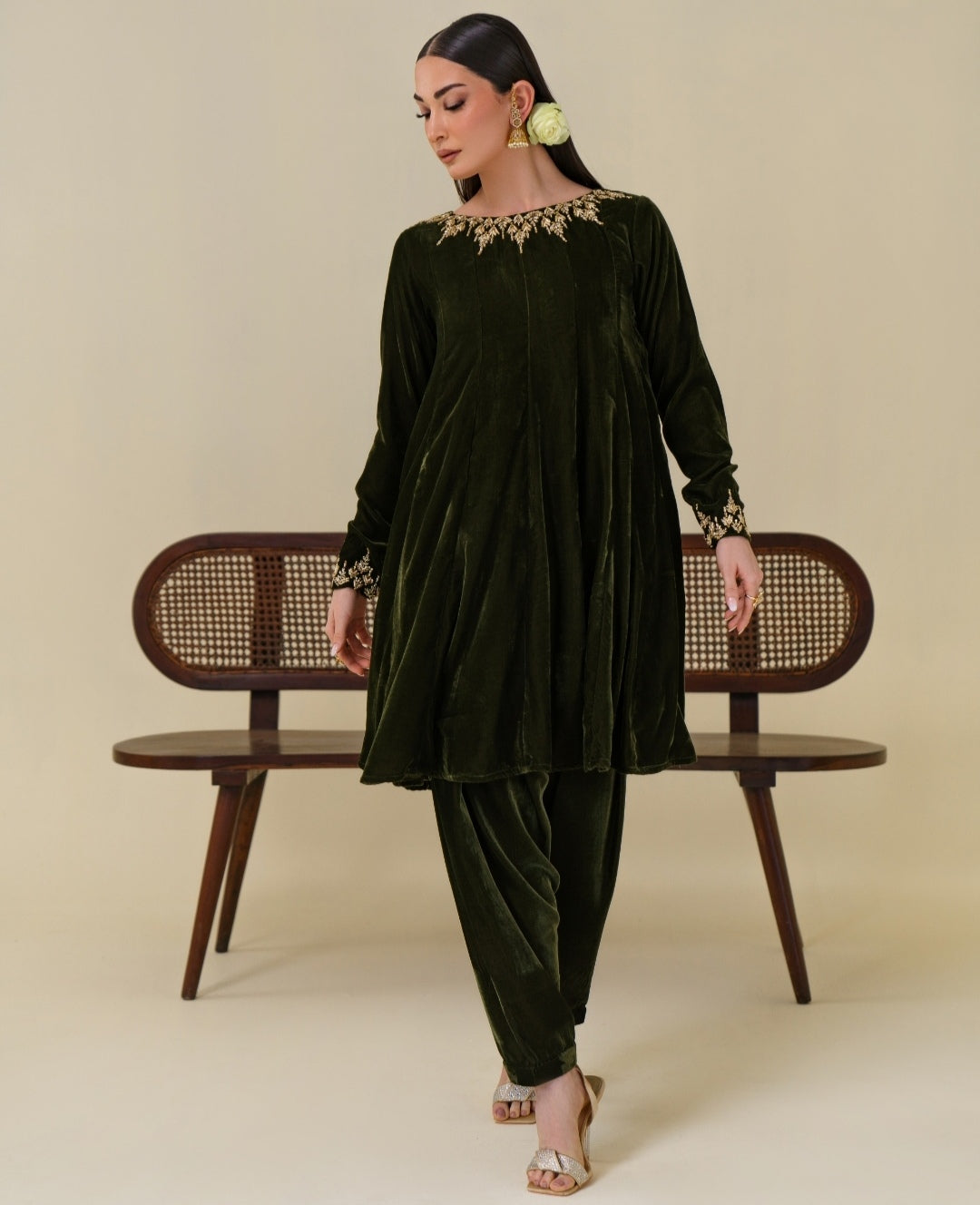 3-Piece Olive Green Velvet Embroidered