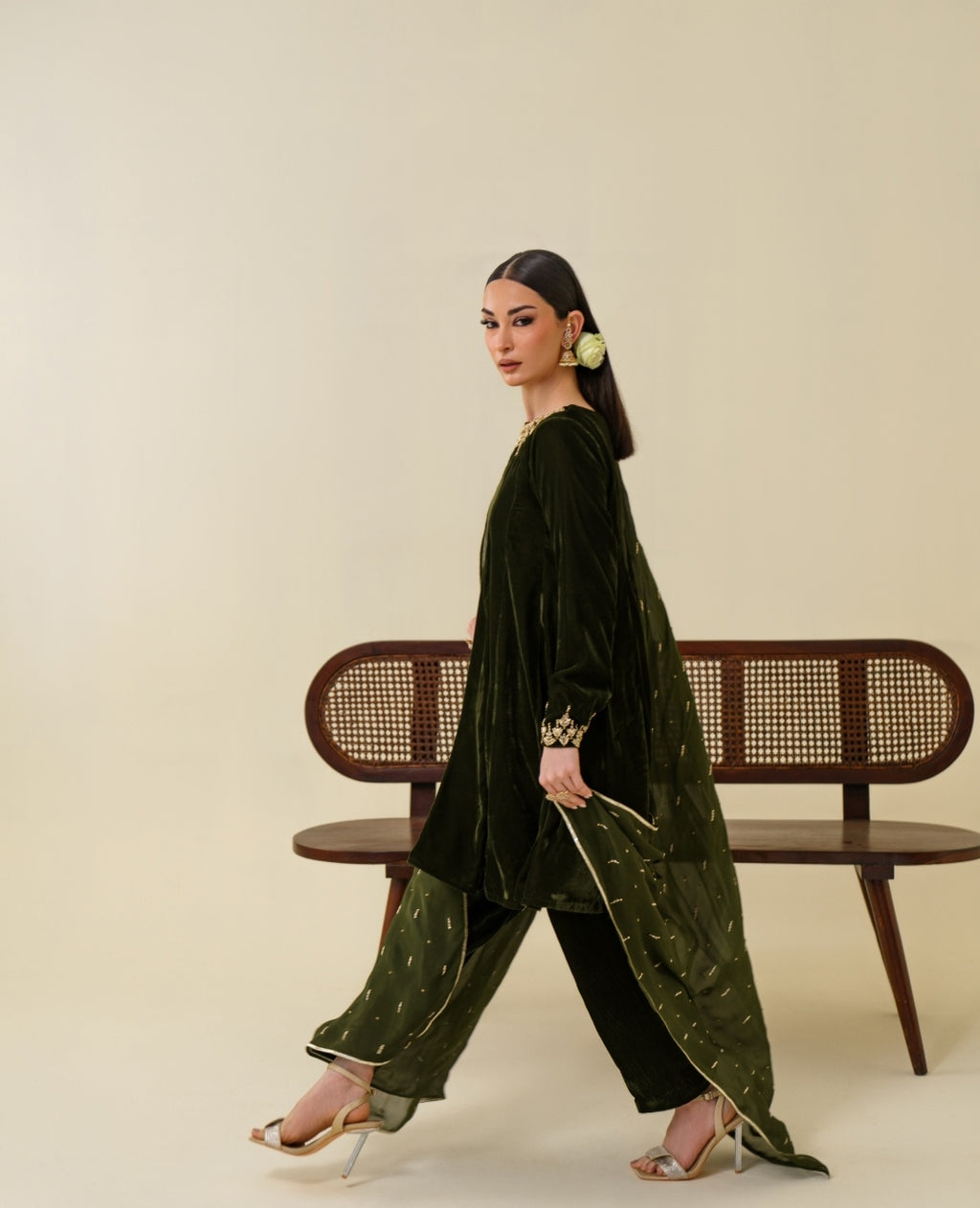 3-Piece Olive Green Velvet Embroidered