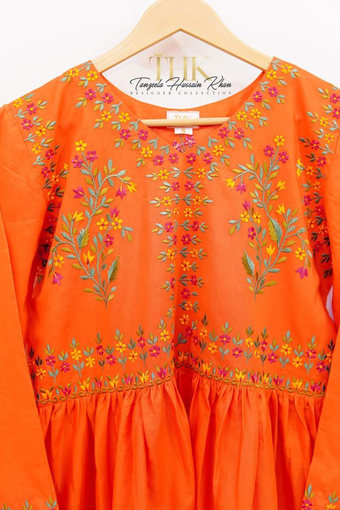 2-Piece Orange lawn long frock TAN-0888