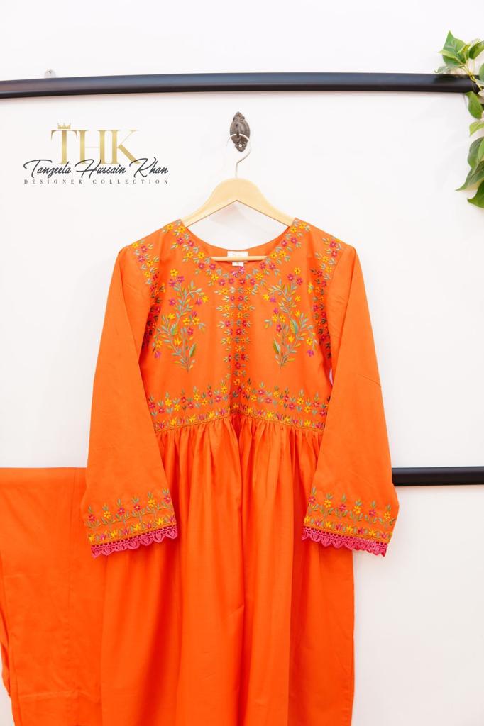 2-Piece Orange lawn long frock TAN-0888