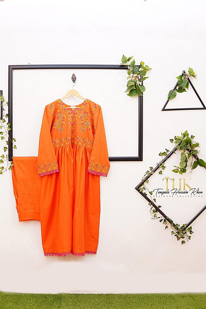 2-Piece Orange lawn long frock TAN-0888