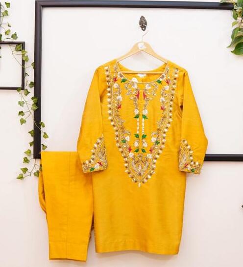 2-Piece Yellow Embroidered Suit TAN-0630