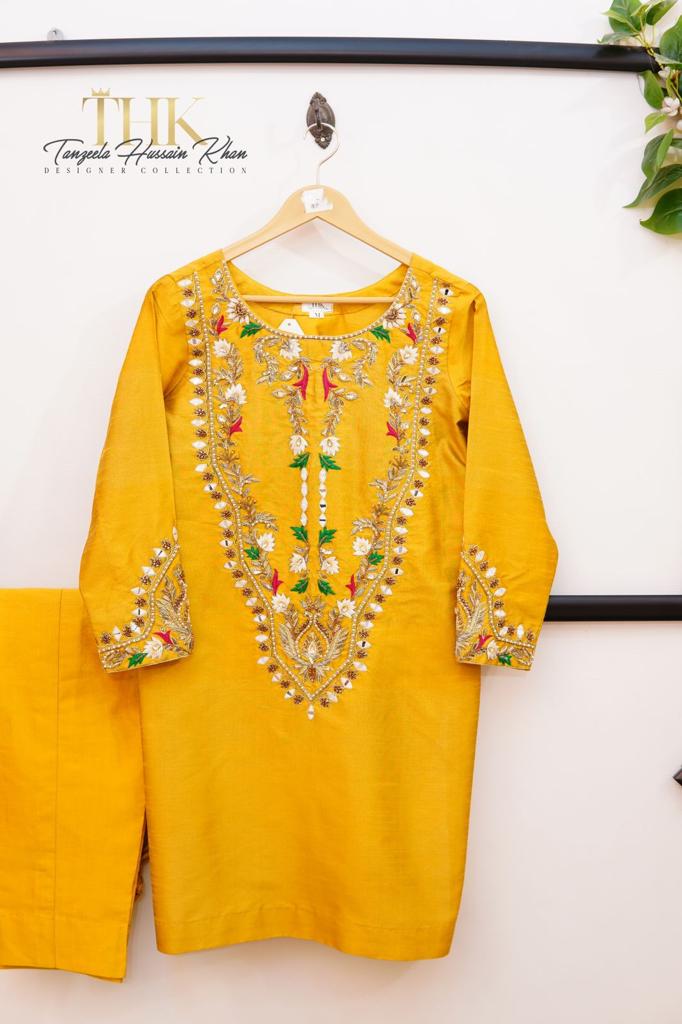 2-Piece Yellow Embroidered Suit TAN-0630