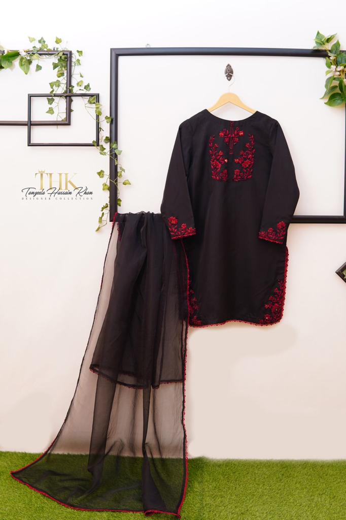 2-Piece Black & Red Organza Suit TAN-0893