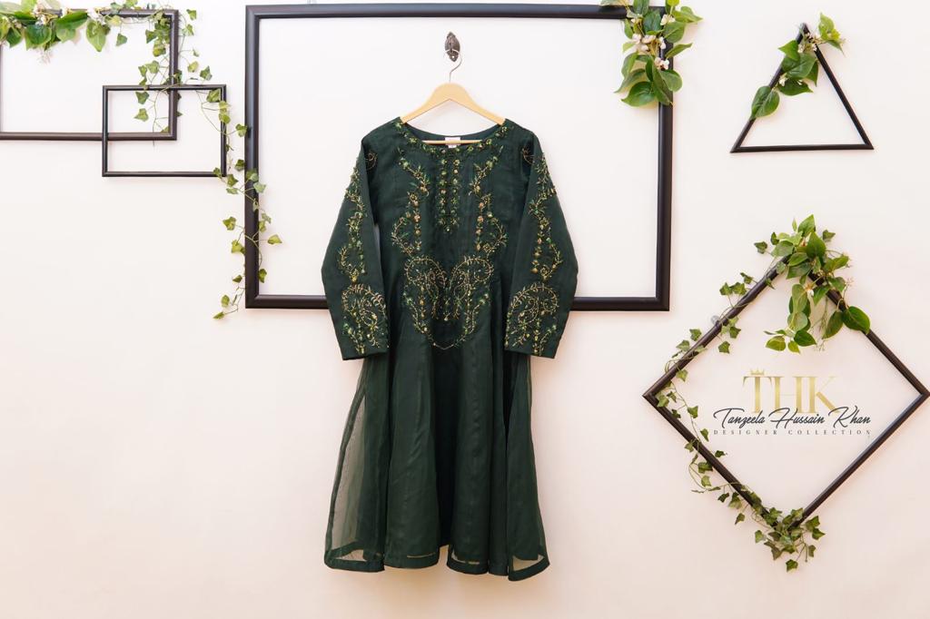 2-Piece Organza Green Long Frock TAN-0896