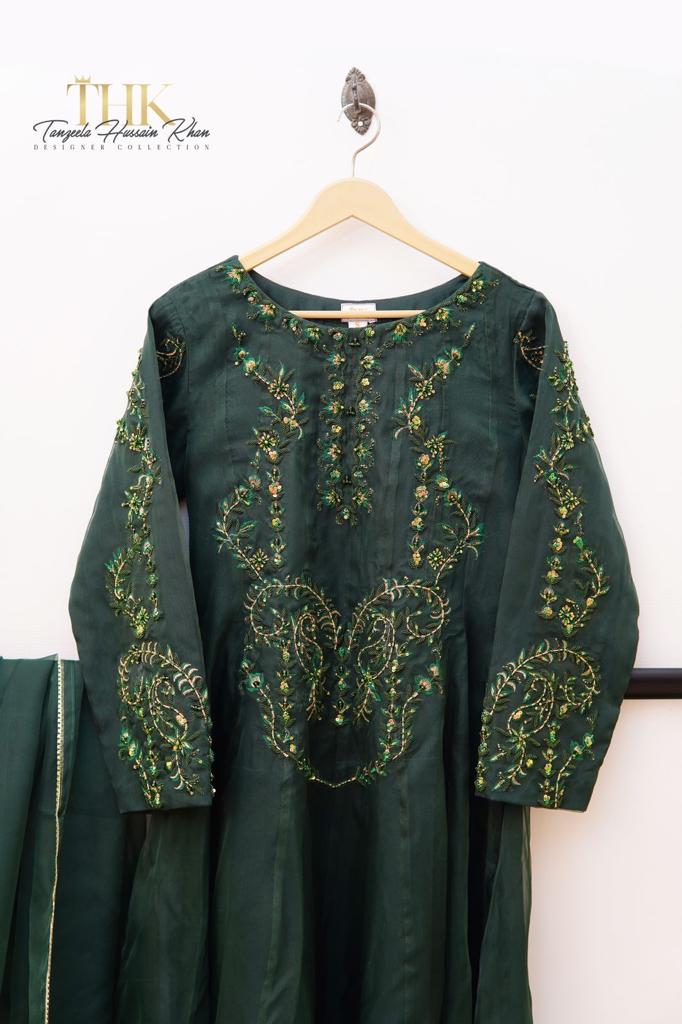 2-Piece Organza Green Long Frock TAN-0896