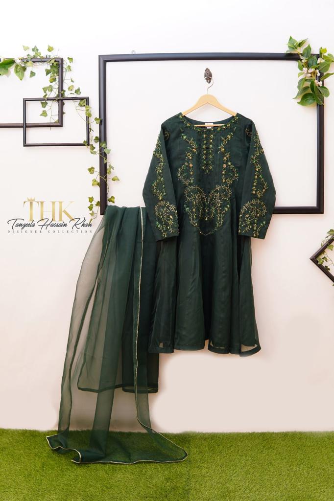 2-Piece Organza Green Long Frock TAN-0896