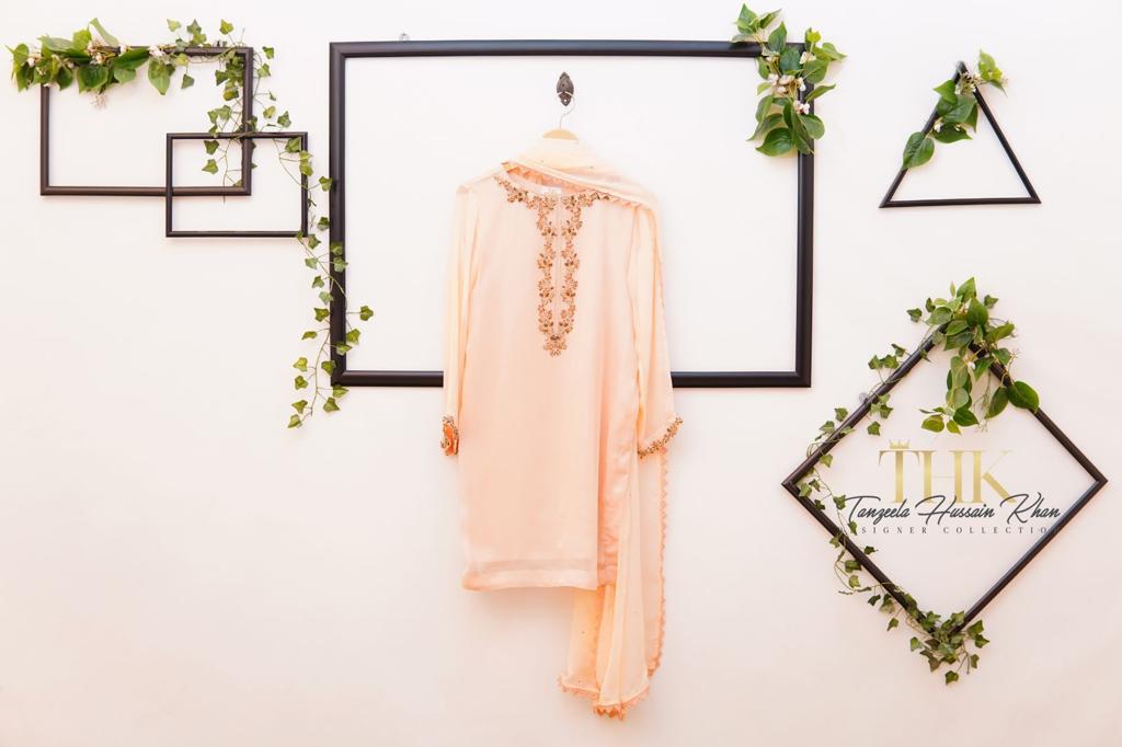 2-Piece Peach Chiffon Suit TAN-0897