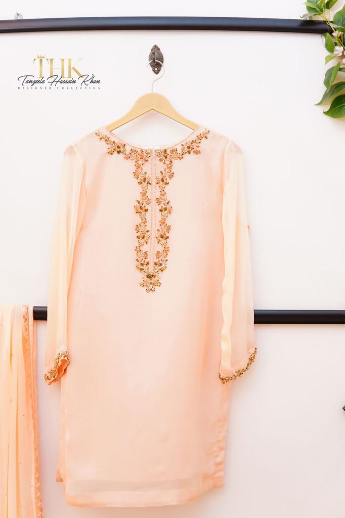 2-Piece Peach Chiffon Suit TAN-0897