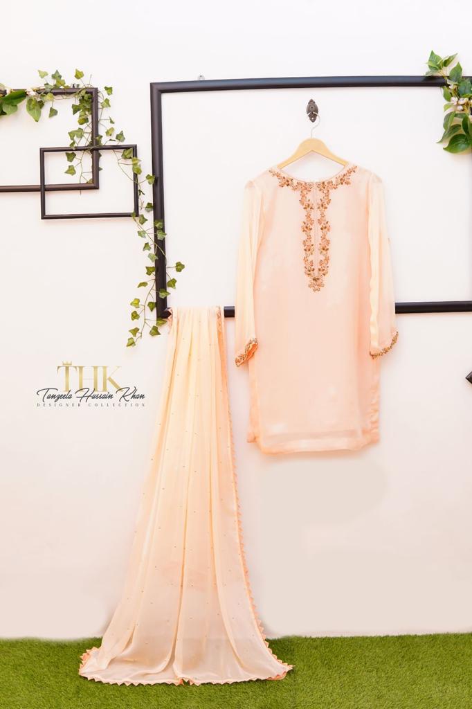 2-Piece Peach Chiffon Suit TAN-0897