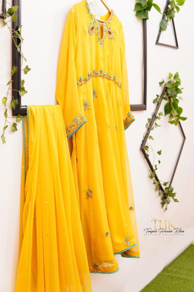 2-Piece Yellow Chiffon Long Frock TAN-0892