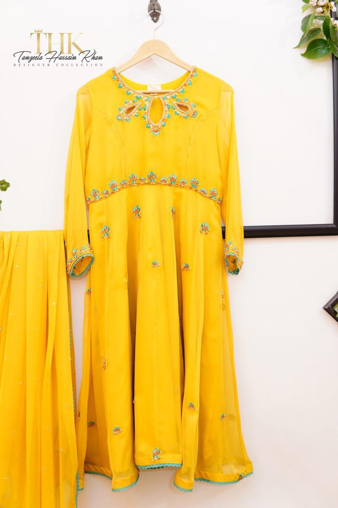2-Piece Yellow Chiffon Long Frock TAN-0892