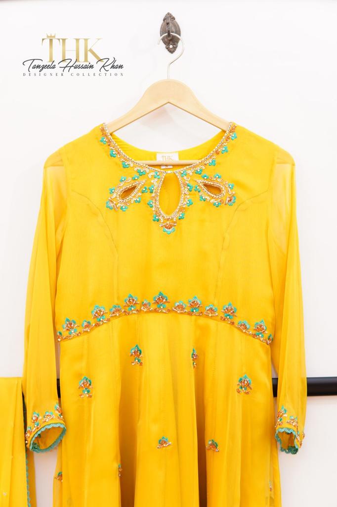 2-Piece Yellow Chiffon Long Frock TAN-0892