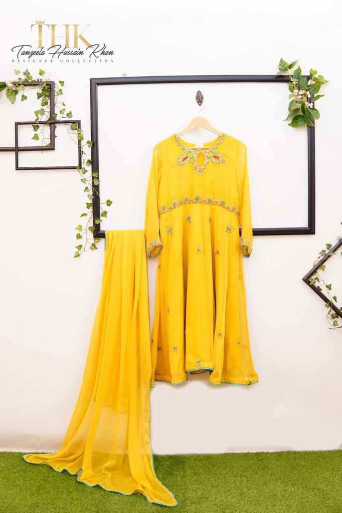 2-Piece Yellow Chiffon Long Frock TAN-0892