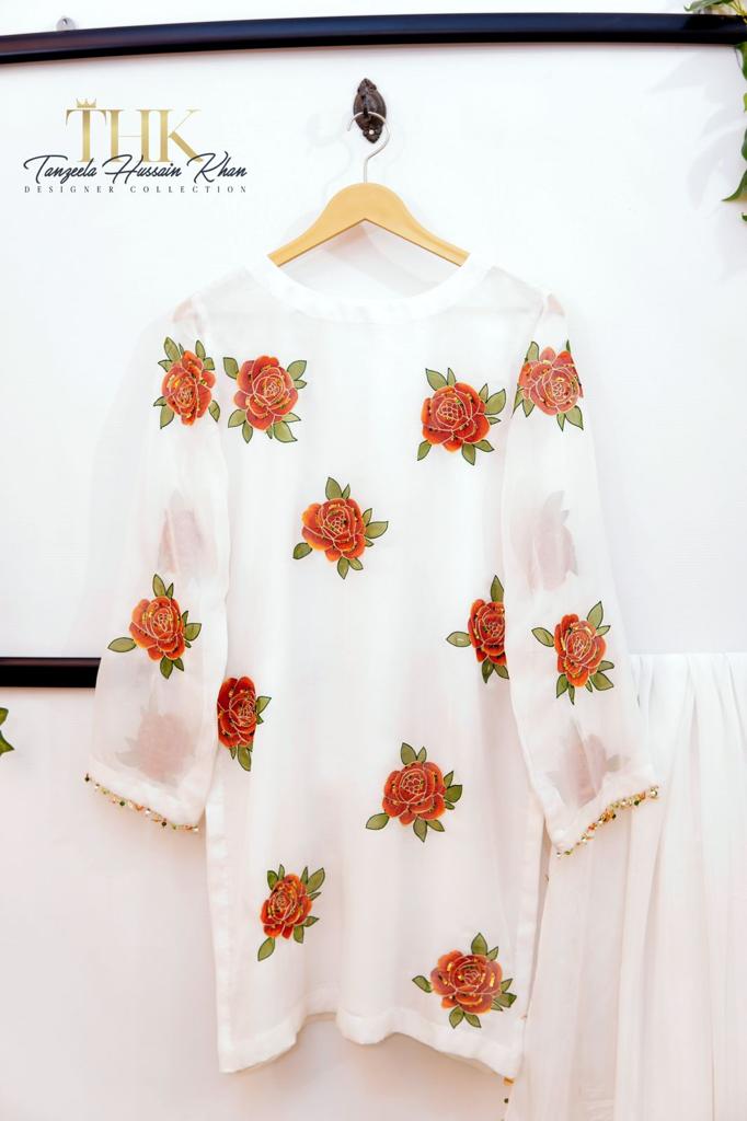 2-Piece White Chiffon Rose Paint Suit TAN0899