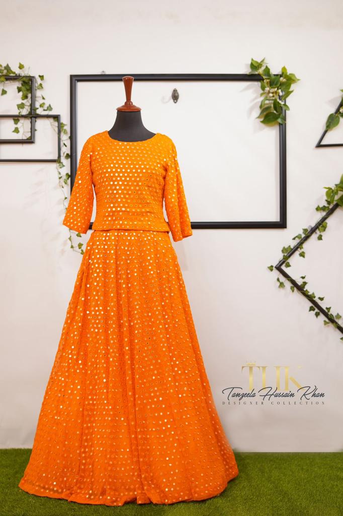 3-Piece Orange Chiffon Lehenga TAN-0822