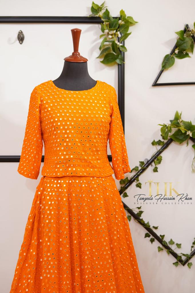 3-Piece Orange Chiffon Lehenga TAN-0822