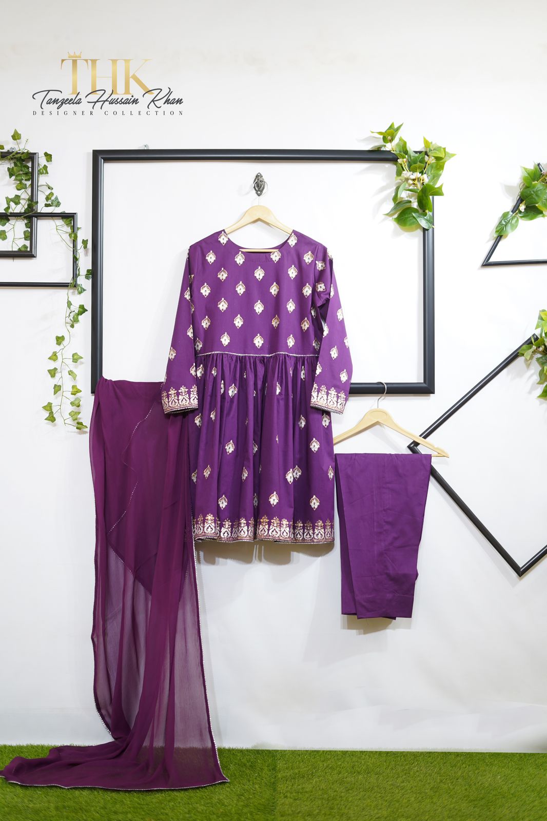 3-Piece Block Print Purple Frock TAN-0900