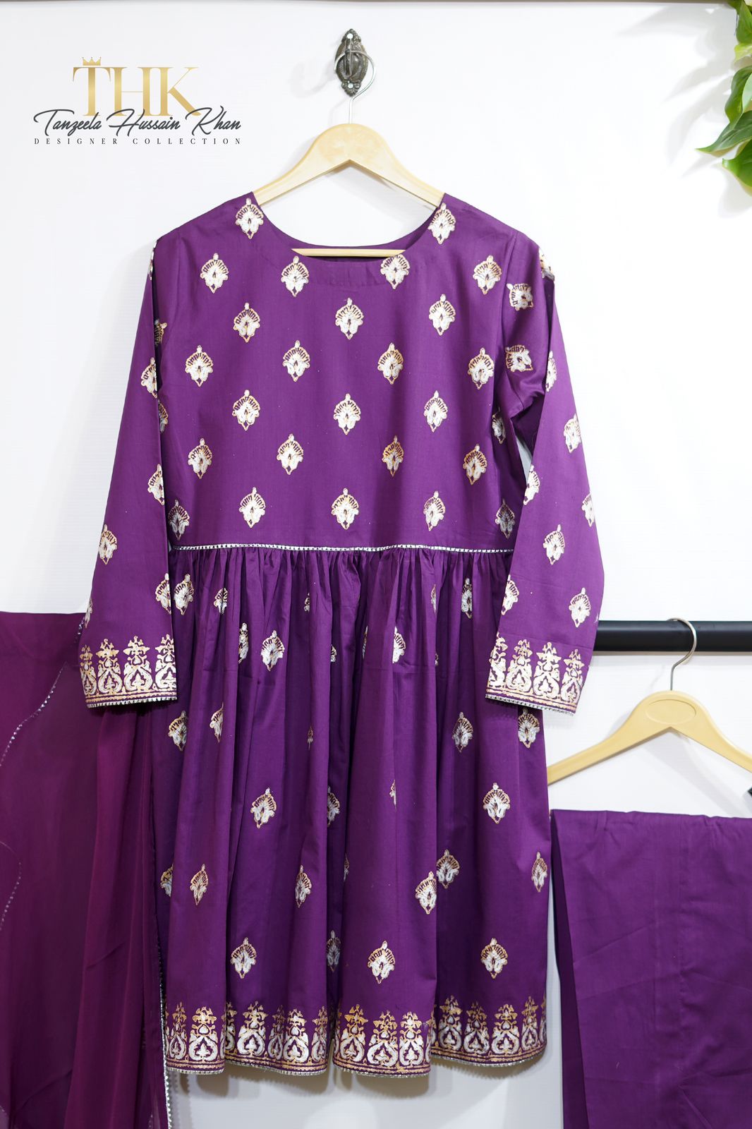 3-Piece Block Print Purple Frock TAN-0900
