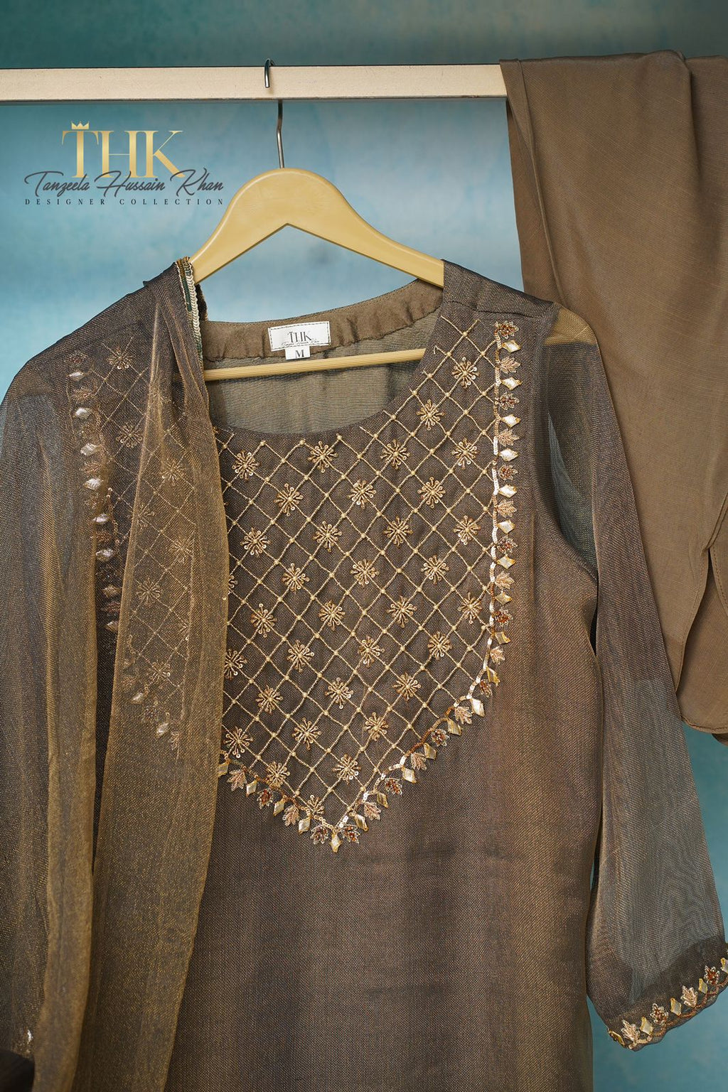 3-Piece Cotton Net Zari Suit TAN-0766