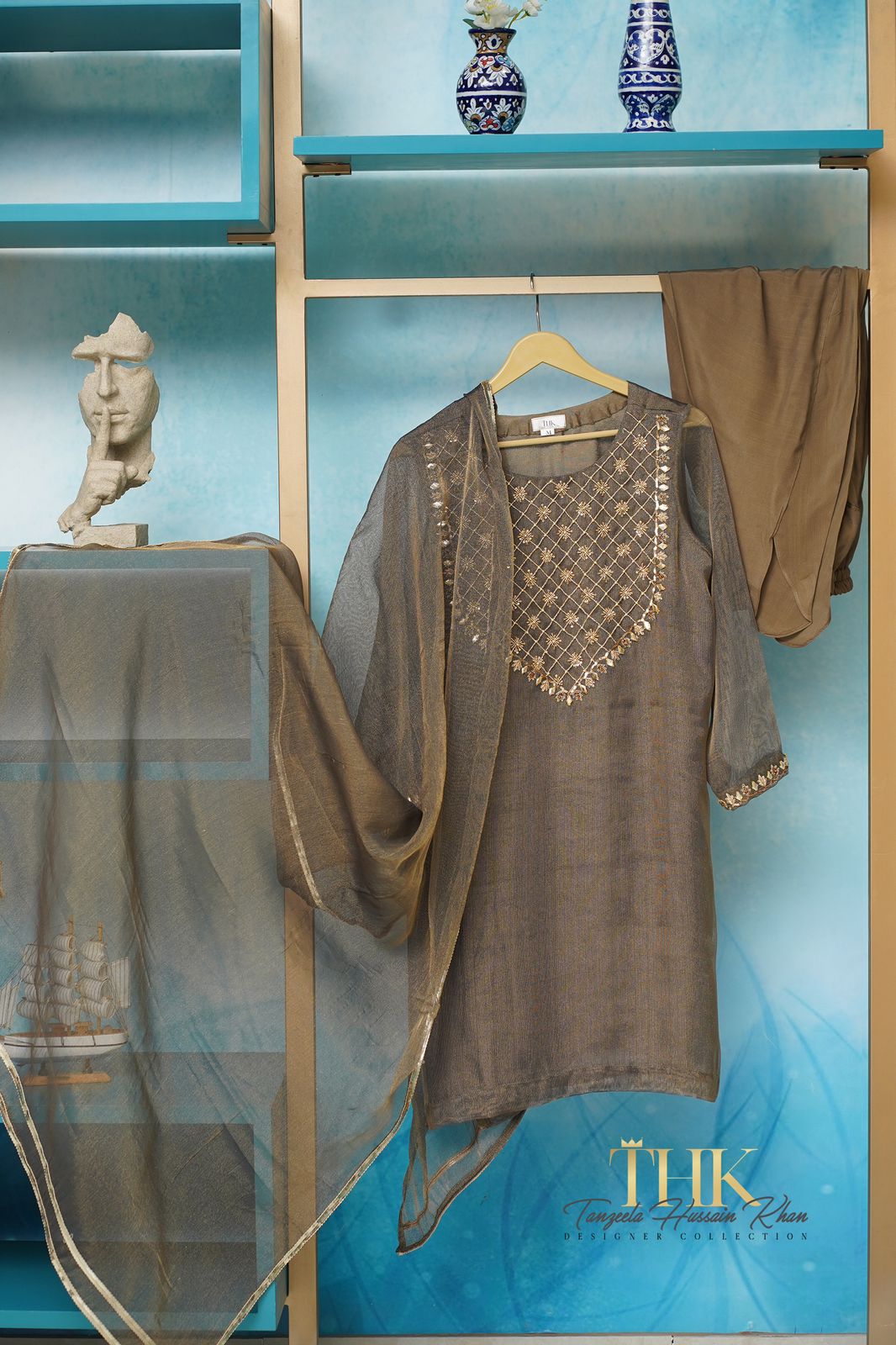 3-Piece Cotton Net Zari Suit TAN-0766