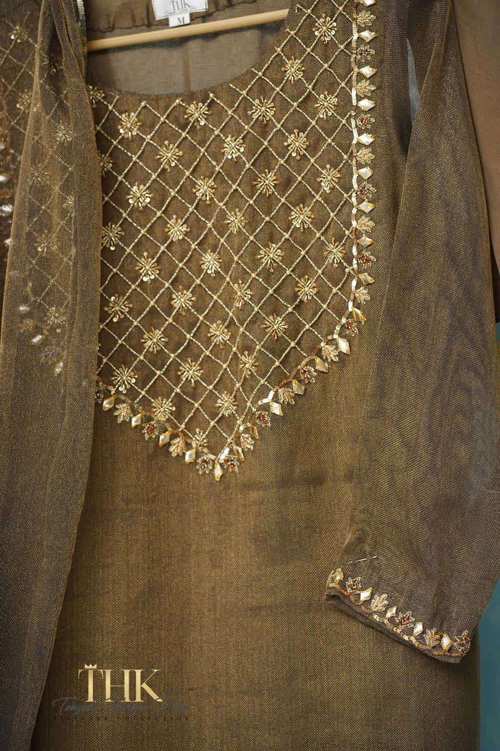 3-Piece Cotton Net Zari Suit TAN-0766