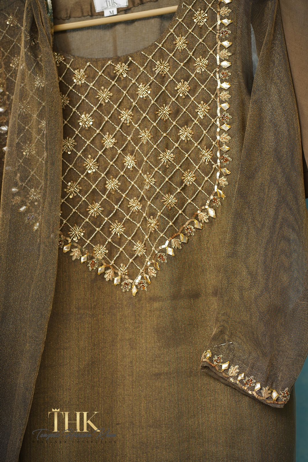 3-Piece Cotton Net Zari Suit TAN-0766