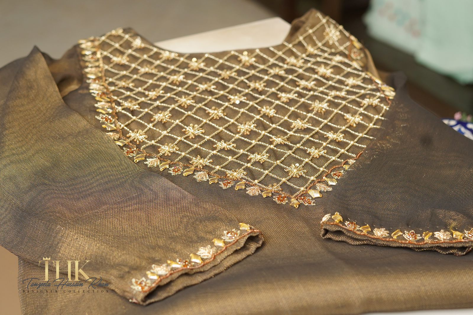 3-Piece Cotton Net Zari Suit TAN-0766