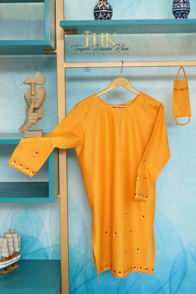 1-Piece Yellow Lawn Gota Shirt TAN-0548