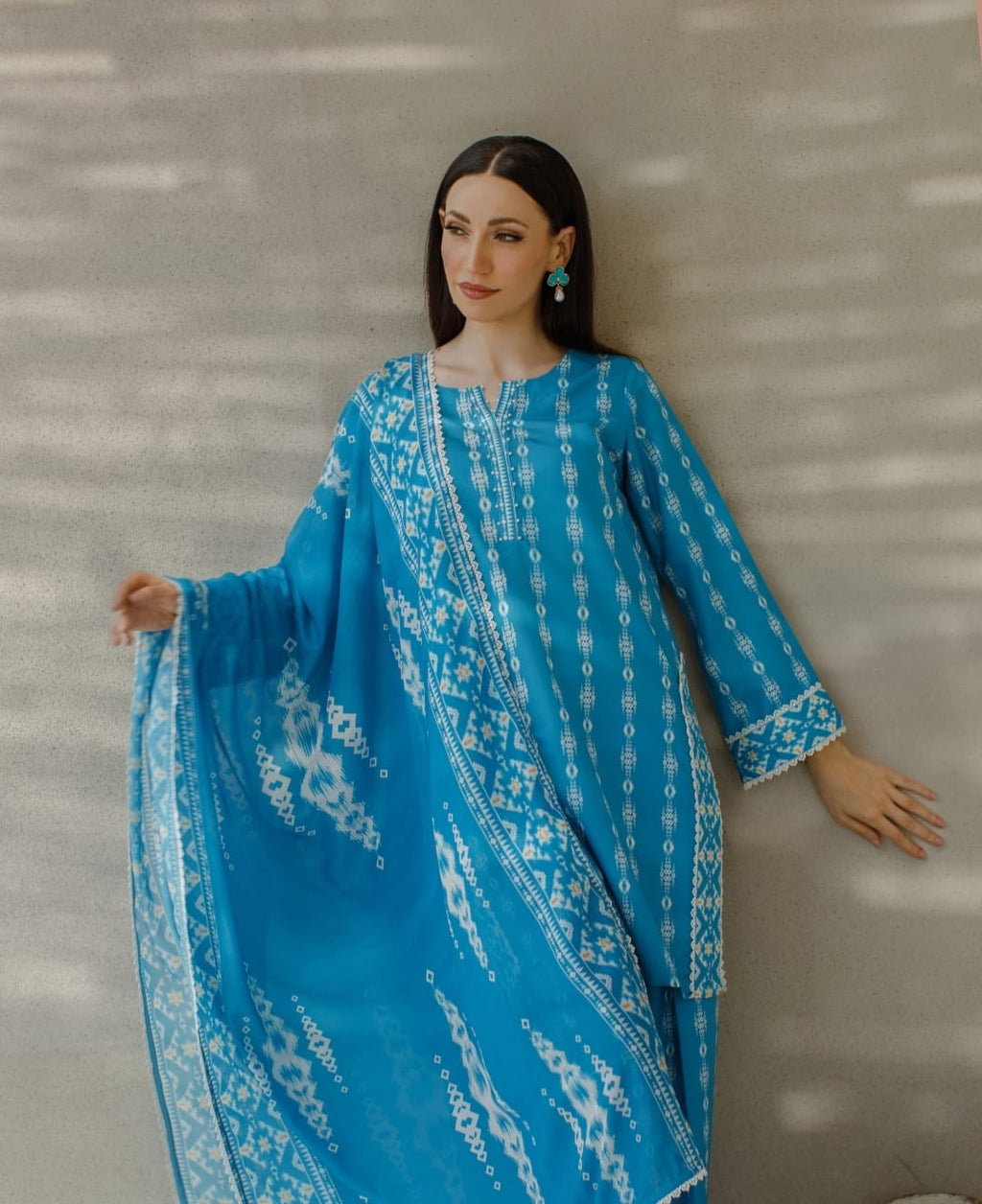 3-Piece Light Blue Printed Lawn
