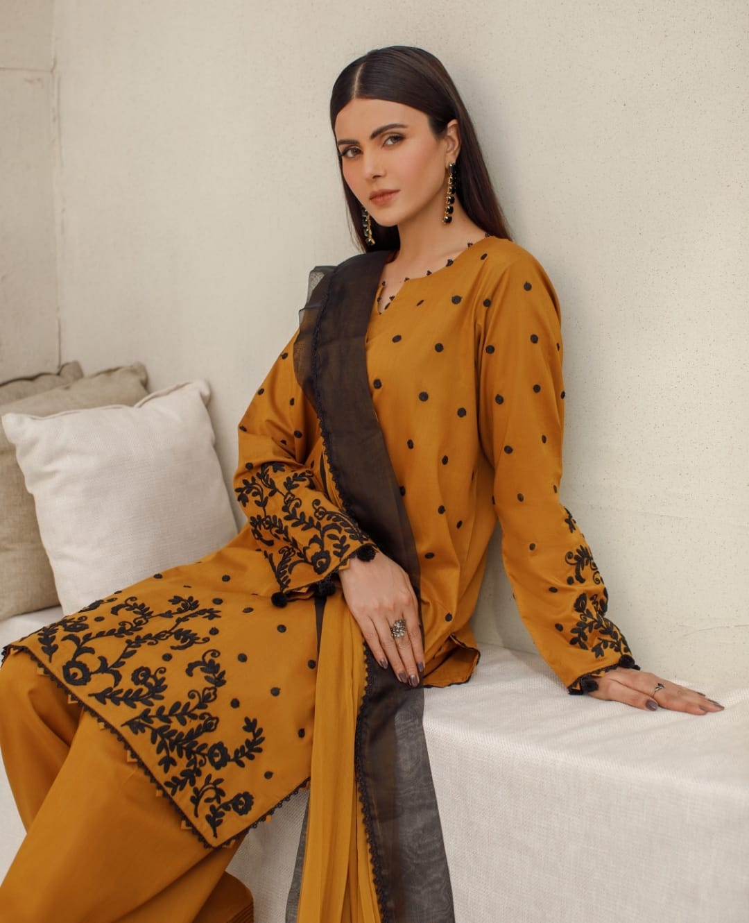 3-Piece Brown Embroidered Lawn