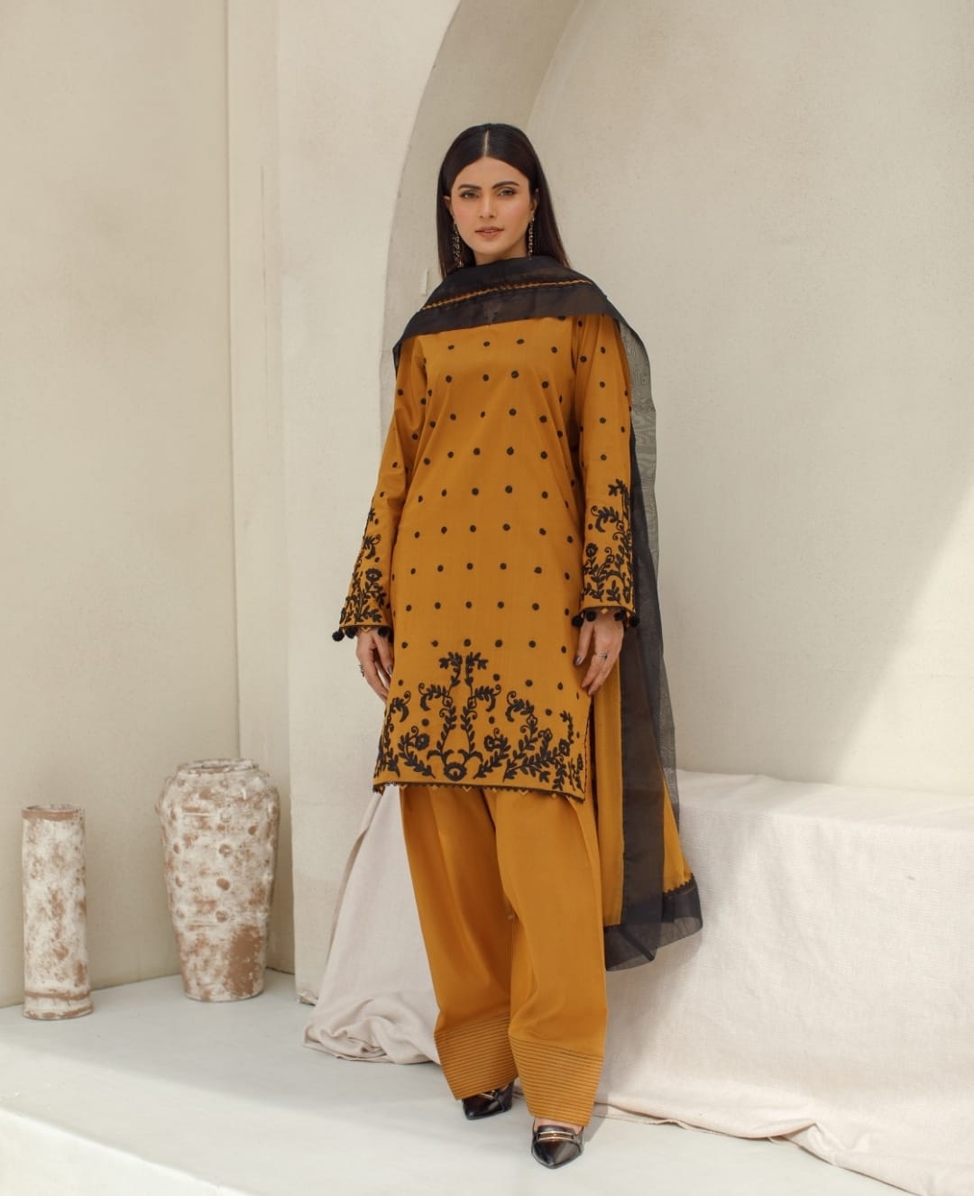 3-Piece Brown Embroidered Lawn
