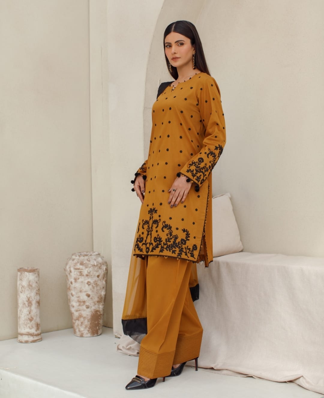 3-Piece Brown Embroidered Lawn