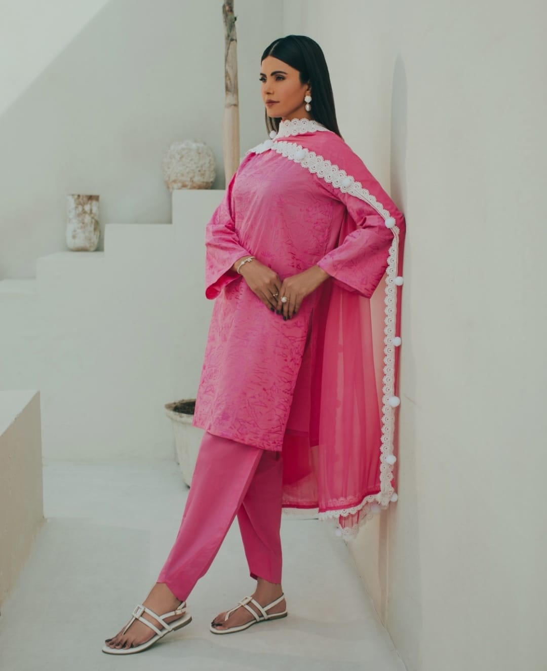 3-Piece Pink Embroidered Lawn
