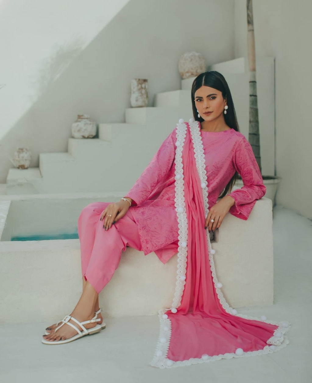 3-Piece Pink Embroidered Lawn