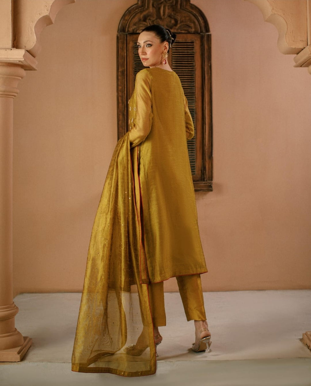 3-Piece Yellow Embroidered Cotton Net