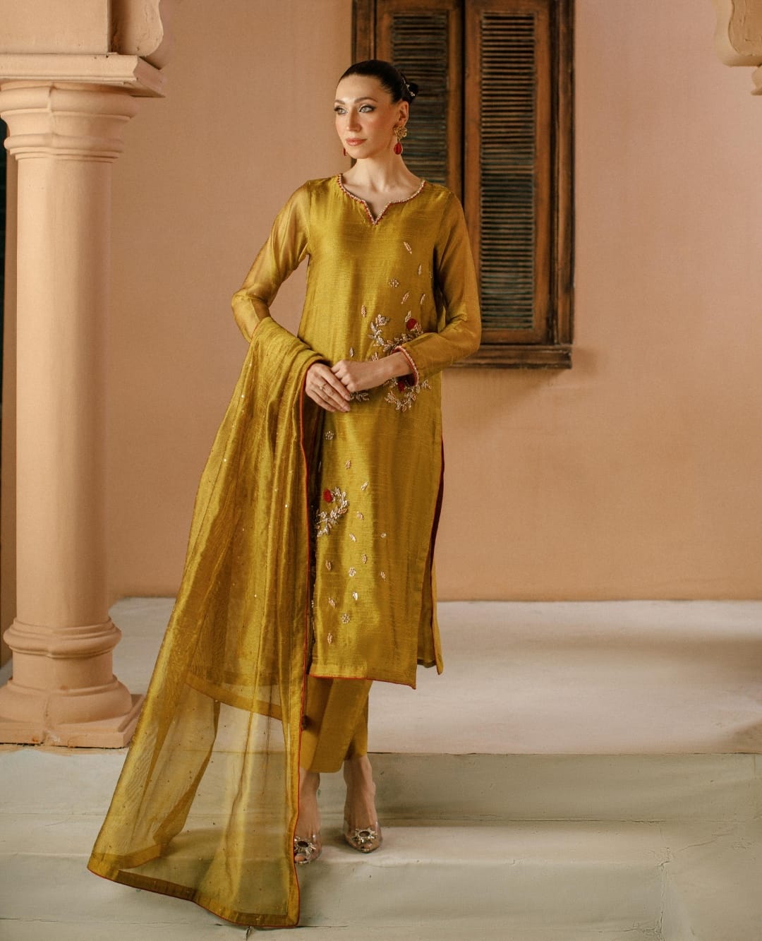 3-Piece Yellow Embroidered Cotton Net