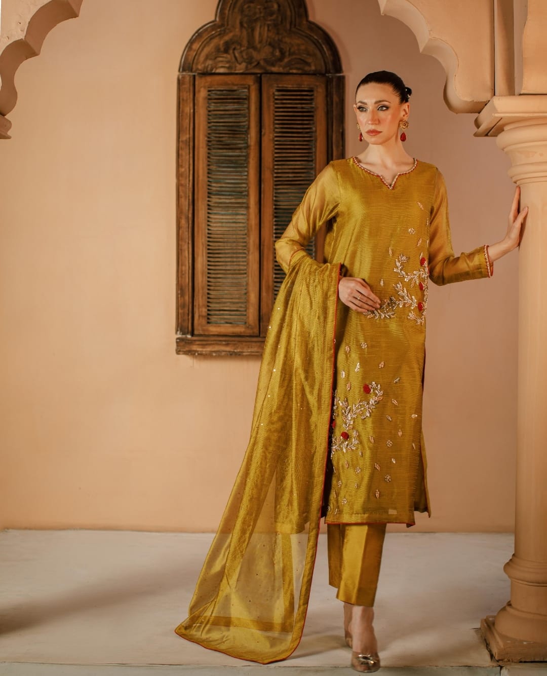 3-Piece Yellow Embroidered Cotton Net