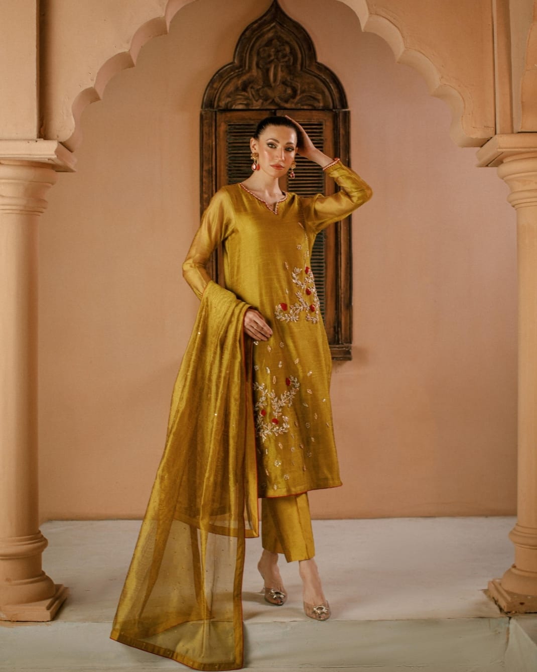 3-Piece Yellow Embroidered Cotton Net