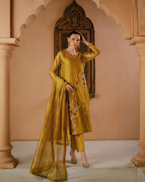 3-Piece Yellow Embroidered Cotton Net