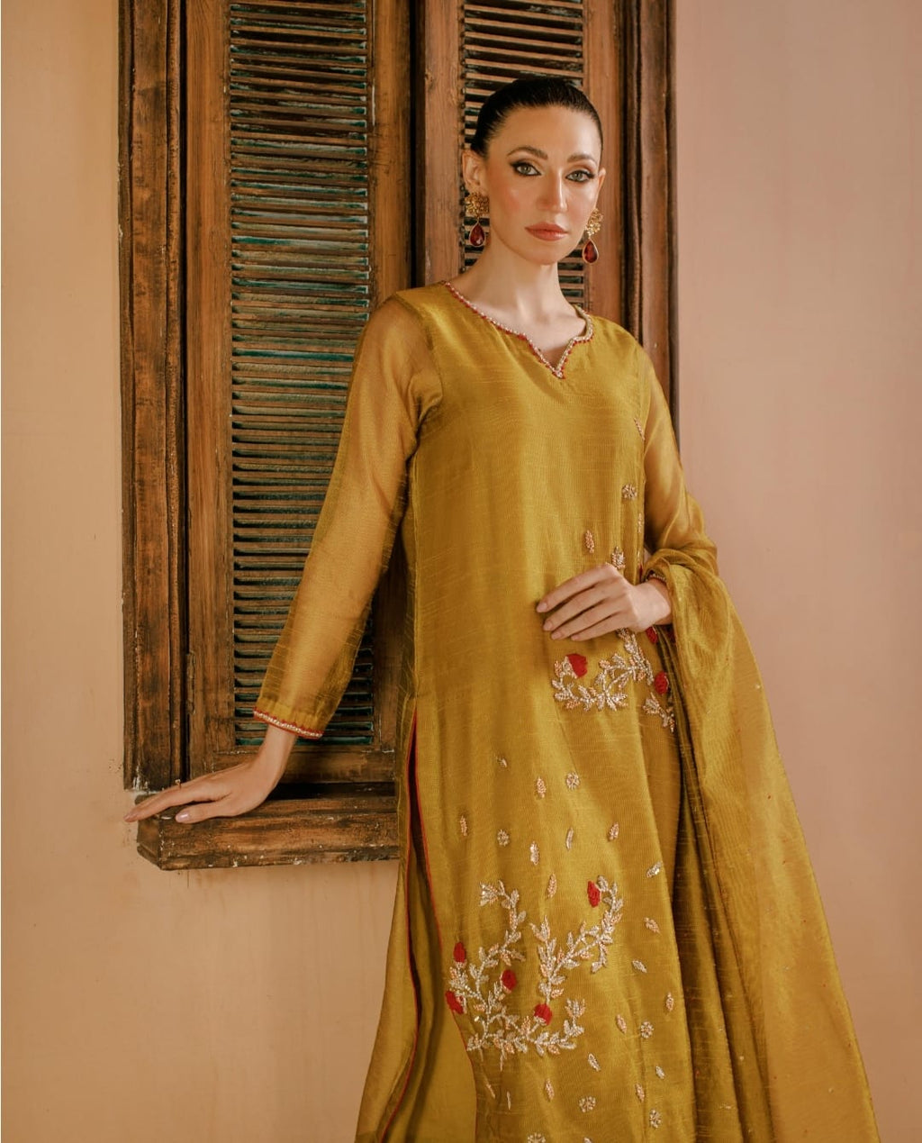 3-Piece Yellow Embroidered Cotton Net