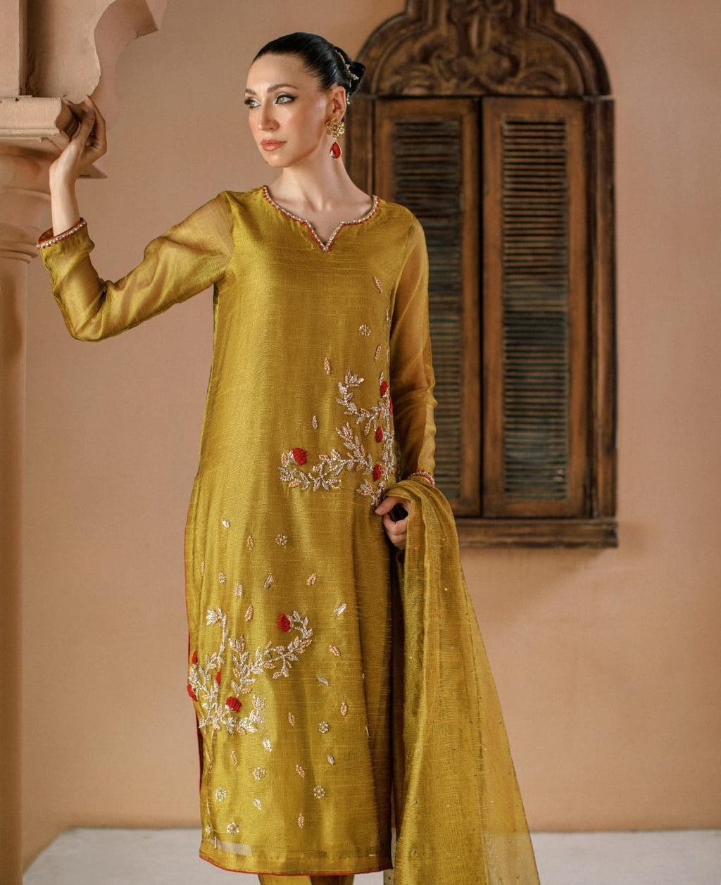 3-Piece Yellow Embroidered Cotton Net