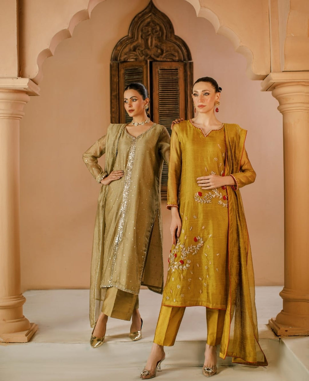 3-Piece Yellow Embroidered Cotton Net