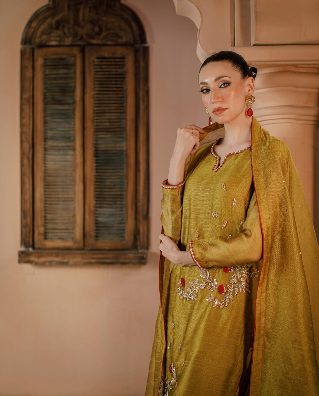 3-Piece Yellow Embroidered Cotton Net