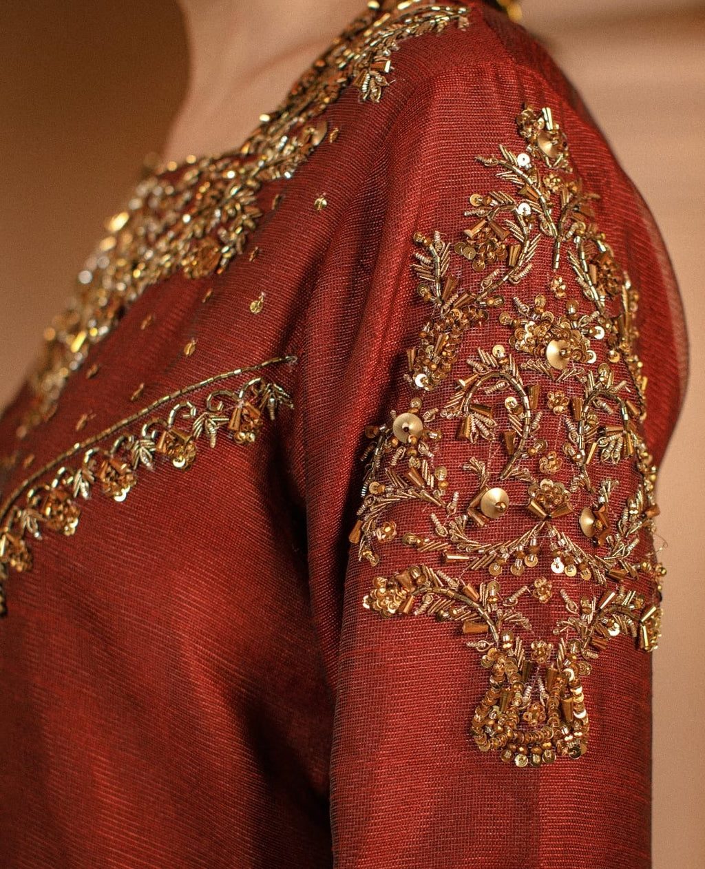 3-Piece Maroon Embroidered Cotton Net