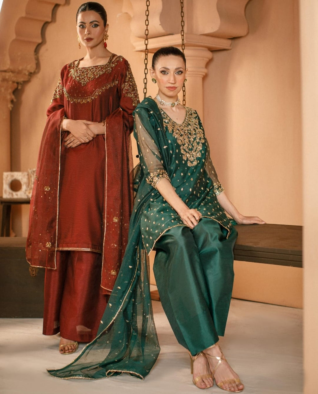 3-Piece Maroon Embroidered Cotton Net