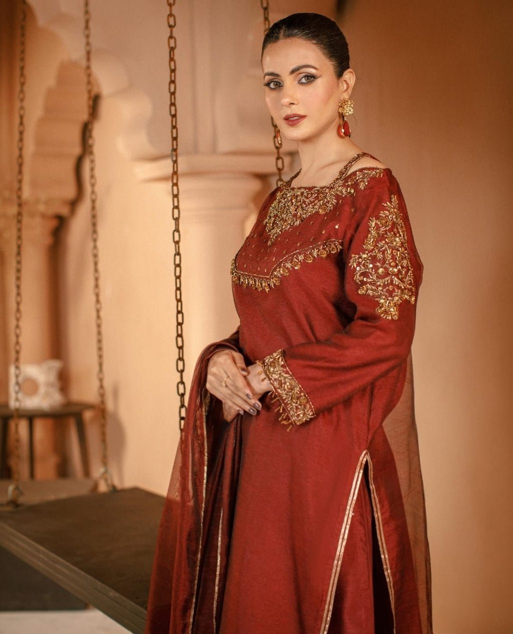3-Piece Maroon Embroidered Cotton Net