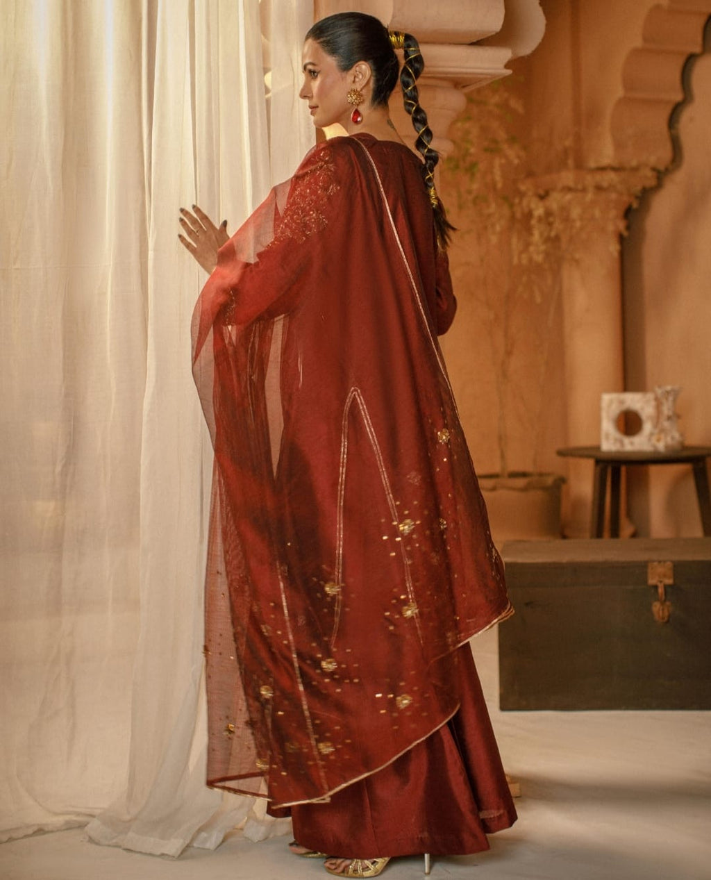 3-Piece Maroon Embroidered Cotton Net