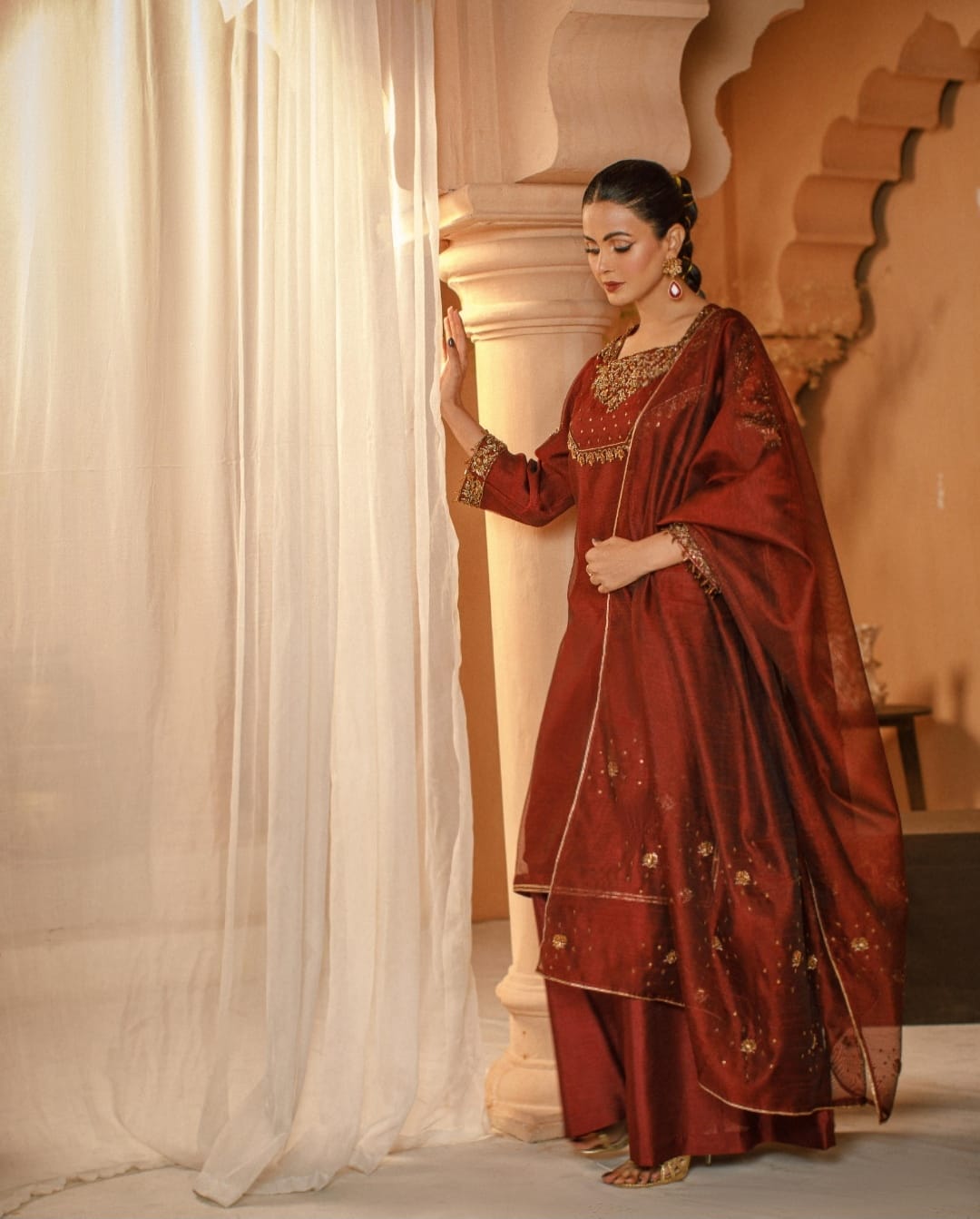 3-Piece Maroon Embroidered Cotton Net